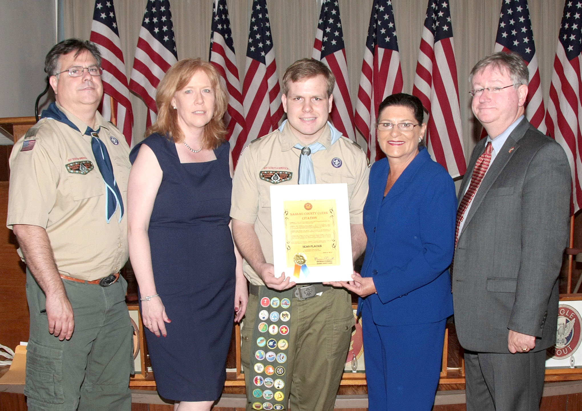 Nassau County Clerk Maureen OConnell joined Boy Scout Troop  116 of Valley Stream at their Eagle Scout Court of Honor Ceremony for Sean Plackis