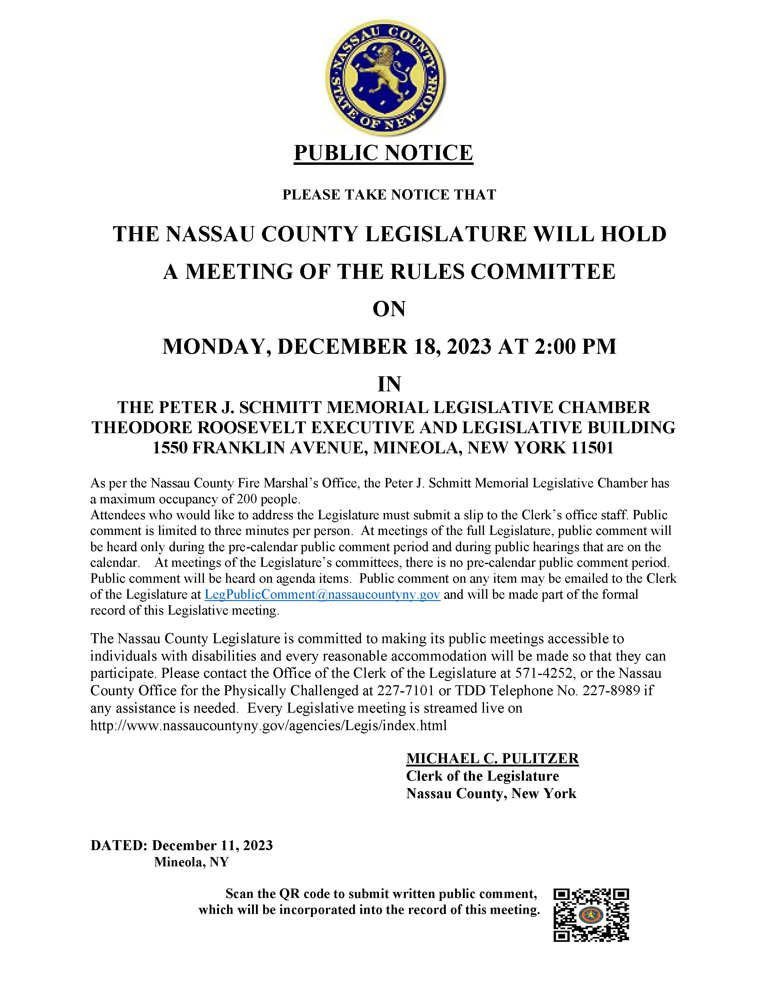 The County Legislature will hold a meeting of the rules committee on Monday, 12-18-23 at 2PM Opens in new window